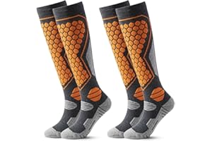 Caudblor Men Ski Socks for Winter Skiing Snowboarding, Wool Thermal Cushioned Compression Socks, Over The Calf,2 Pairs