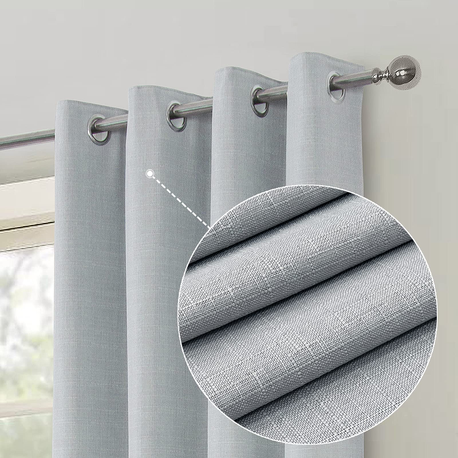 always4u Linen Look 100% Blackout Eyelet Curtains Thermal Energe Saving for Bedroom 1 Pair Noise Reducing Solid Modern Window Treatment for Home Decoration Light Grey W46*L54