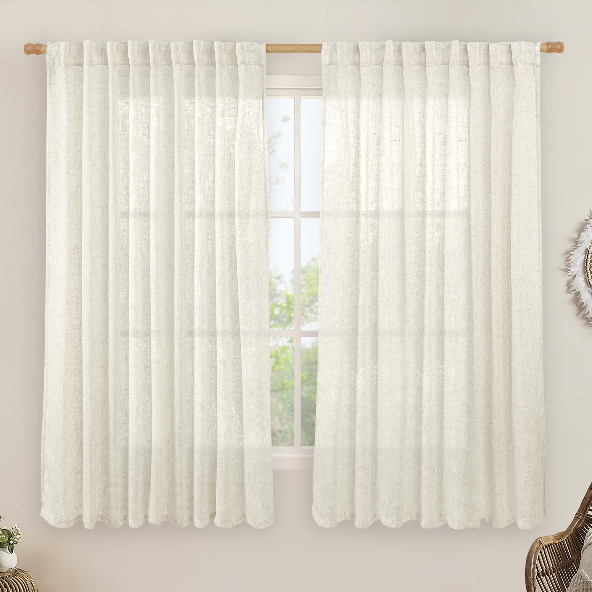 Photo 1 of LAMIT Light Filtering Natural Linen Curtains 63 inches Long, Ivory Cream Linen Textured Semi Sheer Back Tab and Rod Pocket Boho Drapes for Bedroom/Living Room, 2 Panels, 70 x 63 Inch