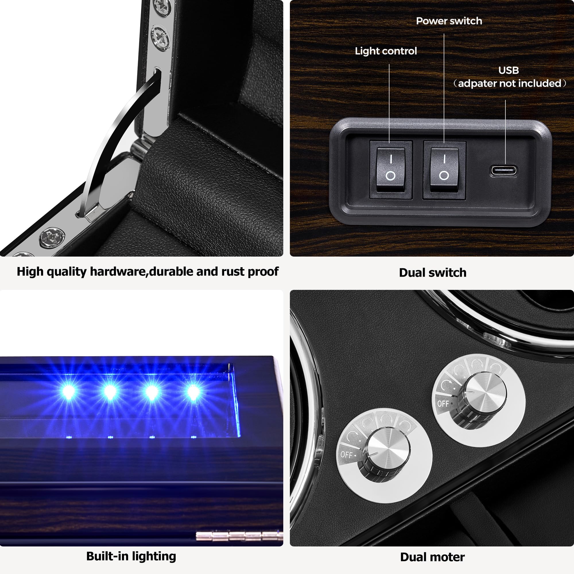 ANWBROAD ANWBROAD Watch Winder for Automatic Watches 4 Watch Rotator and 6 Extra Storages with Super Quiet Motor LED Backlight Watch Turner Piano Paint Watch Shaker 4 Rotating Modes USB UJWW002E