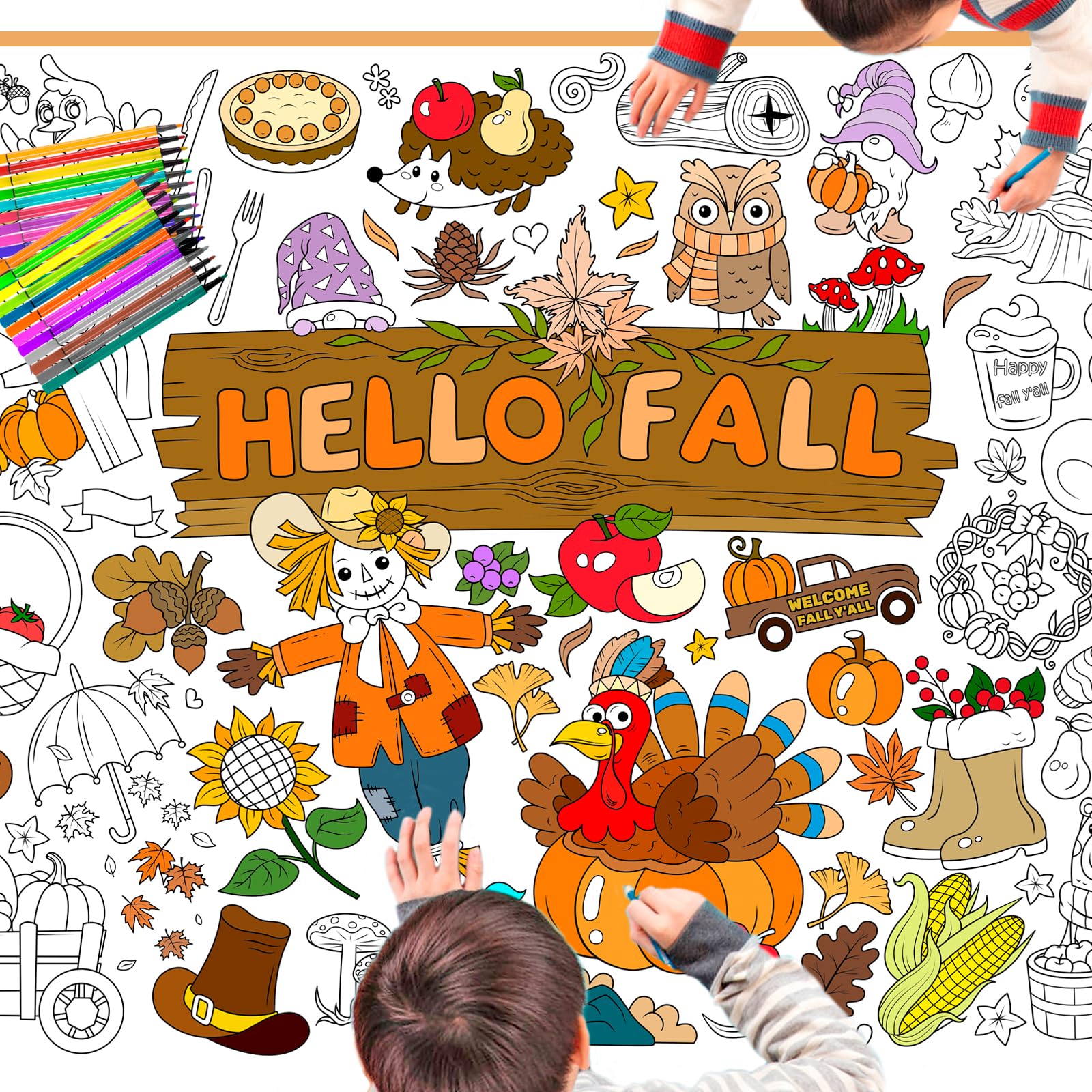 HOWAF Hello Fall Jumbo Coloring Poster with 24 (12 Colors) Coloring ...