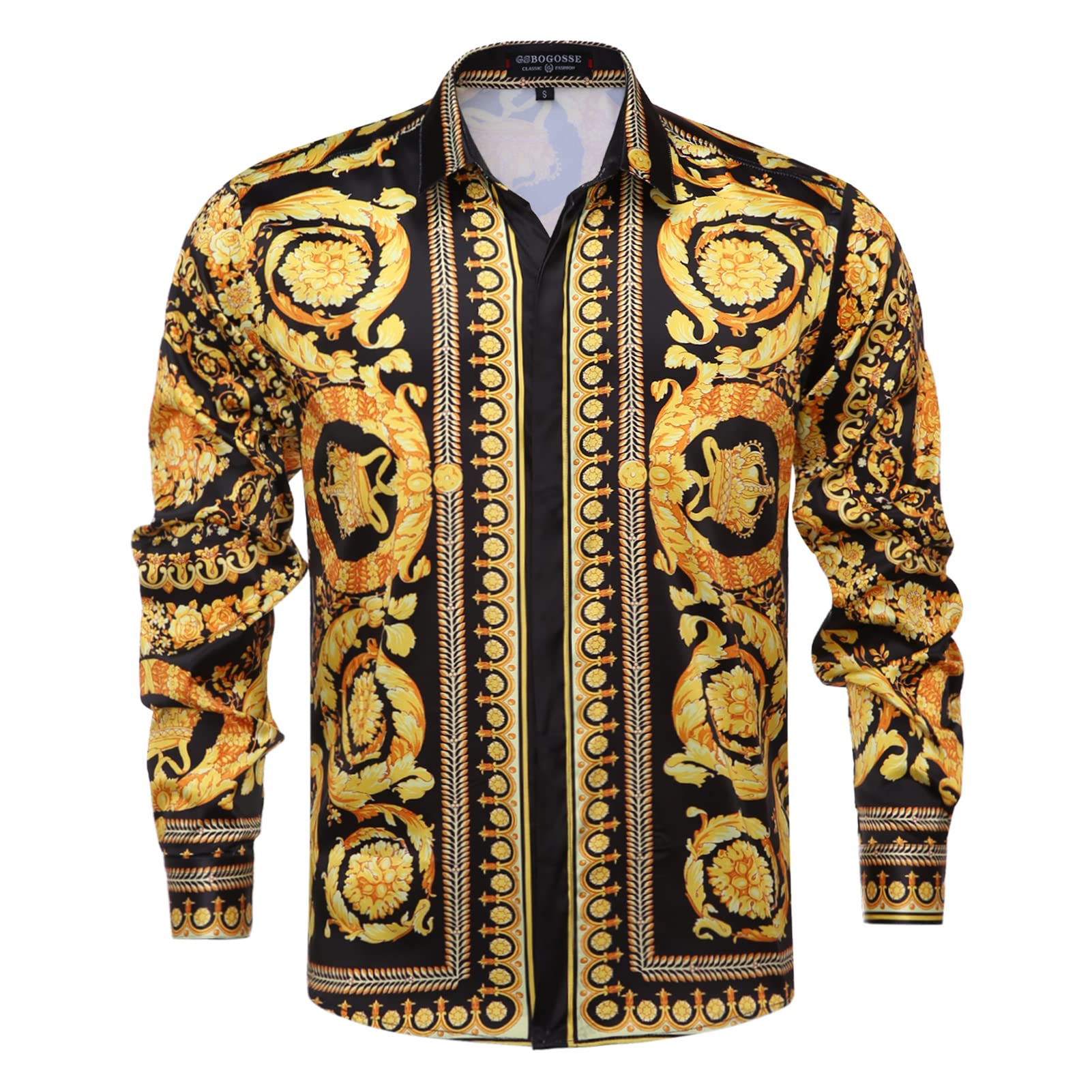 Photo 1 of Mens Luxury Brand Printed Silk Like Satin Button Down Dress Shirt for Party Prom Long Sleeve Slim Fit Floral Nightclub Shirt Multicolored23