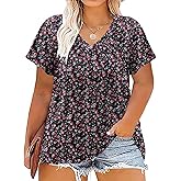 ROSRISS Womens-Plus-Size-Tops Summer Ruffle Short Sleeve Shirts Shirred V Neck Tunics