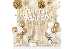 OUDDY PARTY White and Gold Birthday Decorations for Women Girls, Gold White Sand Confetti Metallic Printed Balloon Butterfly Sticker Fringe Curtain Happy Birthday Banner Heart Garland Paper Pompom Party Supplies