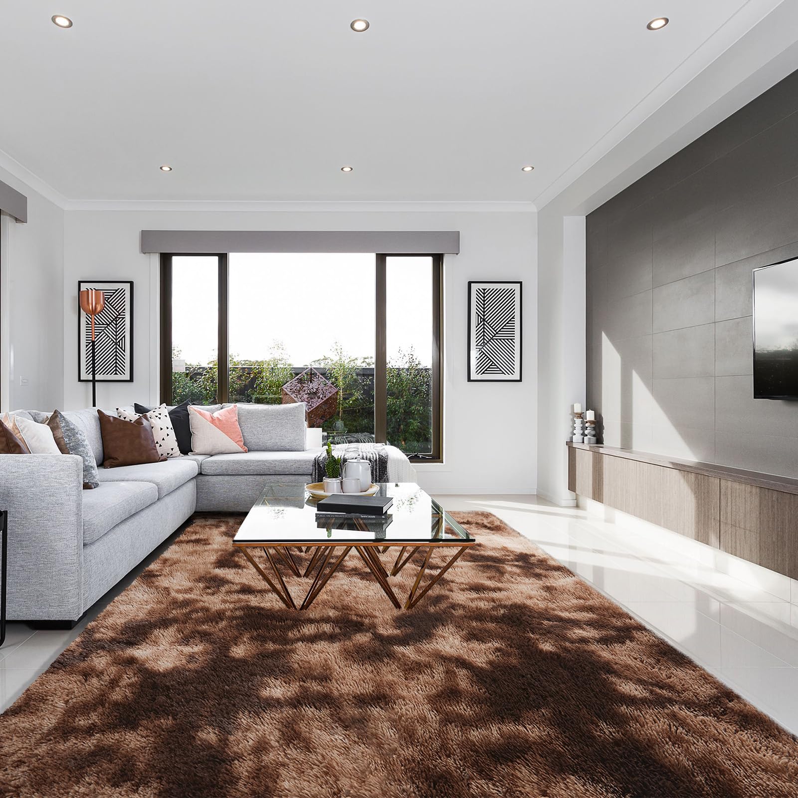 SOANNY Living Room Area Rug, Coffee Brown Large Tie-Dyed Shag Carpet for Bedroom, Dorm, Lounge, Washable Non-Slip Rug for Home Decor, 150x240 cm — image 1