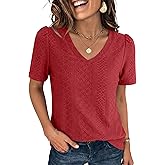 ANRABESS Womens Short Sleeve Shirts Eyelet V Neck Tops Summer Business Casual Clothes 2026 Work Office T-Shirts