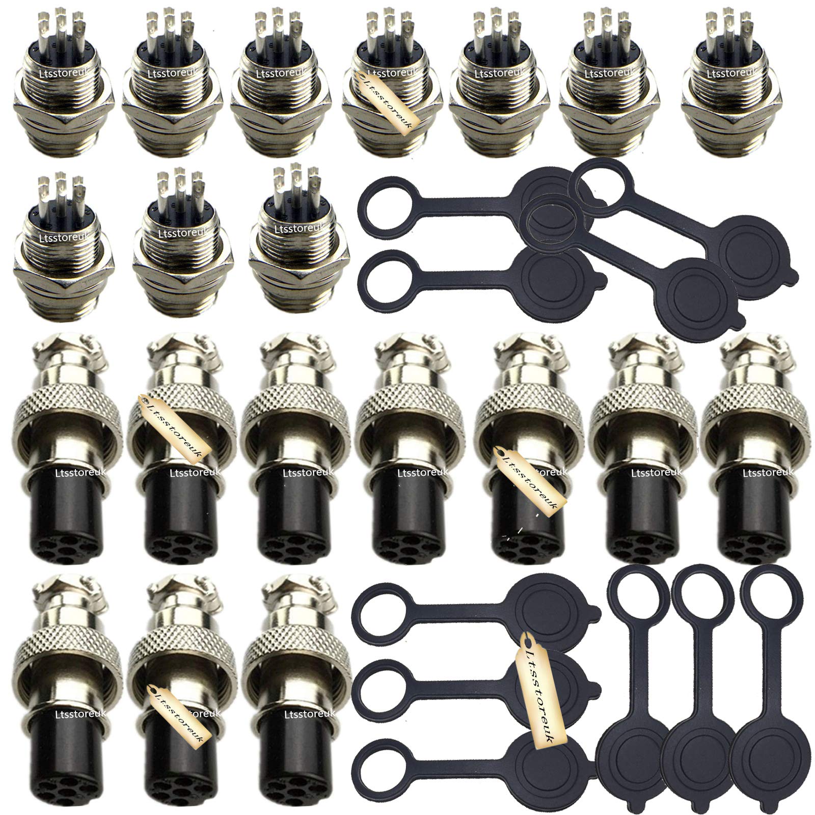 Aviation Connector 6 Pin, Ltsstoreuk 10Pairs GX12 GX12-6 6P 12MM Thread Male Female Wire Panel Metal Connector Plug 5A 200V Circular Aviation Chassis Mount Socket with 10Pcs Waterproof Caps