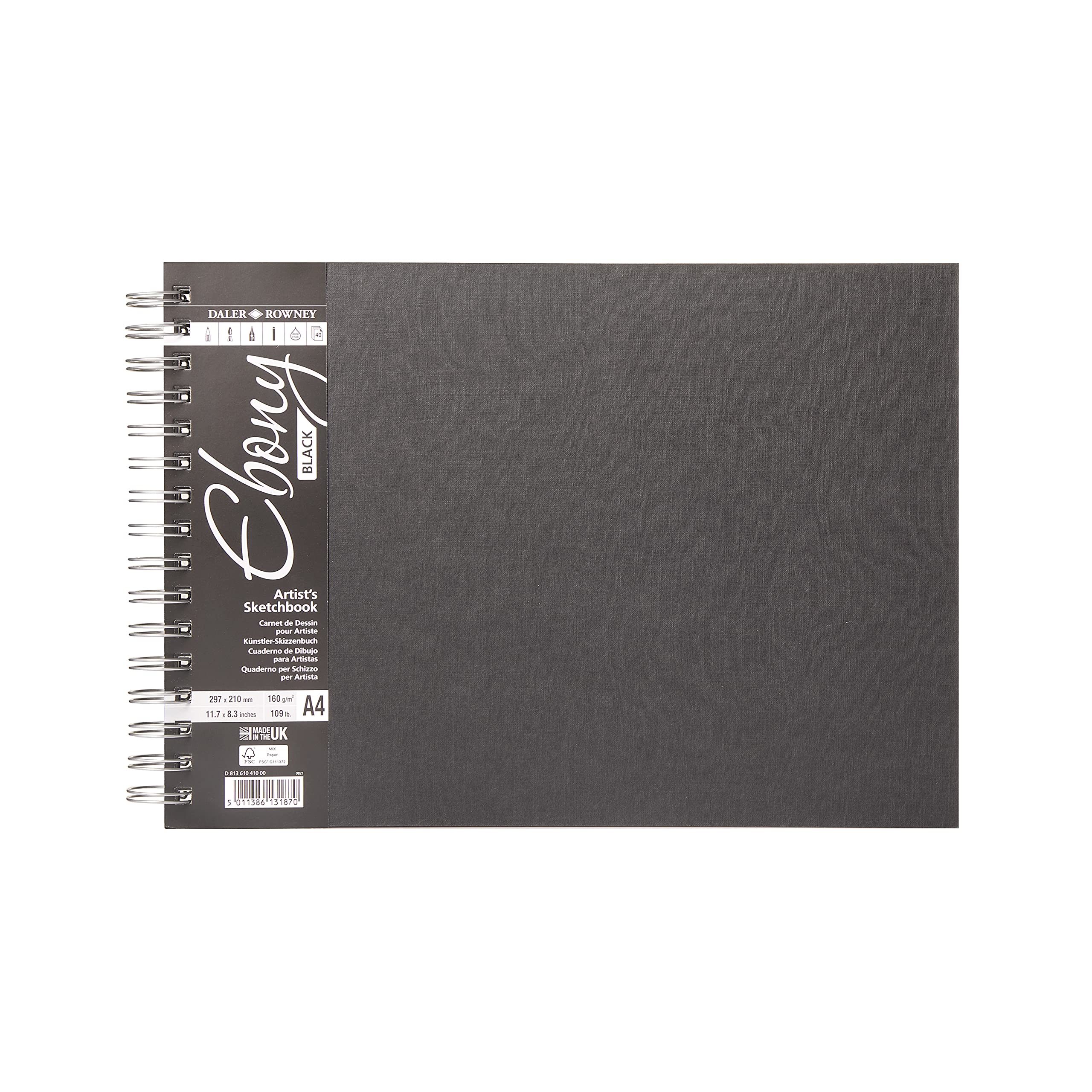 Daler-Rowney Ebony Lightly Textured 160gsm A4 Landscape Sketchbook, Spiral Bound, 40 Black Sheets, For Professional Artists & Students — image 1