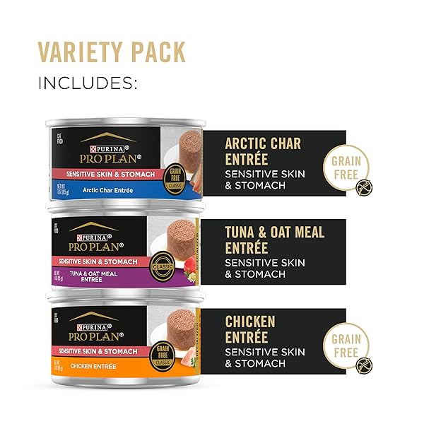 PURINA PRO PLAN SENSITIVE SKIN AND STOMACH WET CAT FOOD VARIETY PACK, SENSITIVE SKIN AND STOMACH ENTREES – (PACK OF 24) 3 OZ. CANS