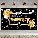 Happy Anniversary Banner Backdrop Party Decorations, Large Happy Wedding Anniversary Poster Sign Party Supplies, Black Gold Anniversary Photo Booth Background Decor for Outdoor Indoor(6X3.6Ft)