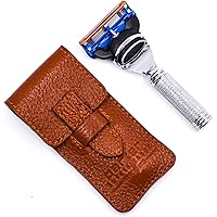 Parker Safety Razor, 5 Blade Gillette Fusion Compatible Travel Razor with Luxurious Saddle Leather Case