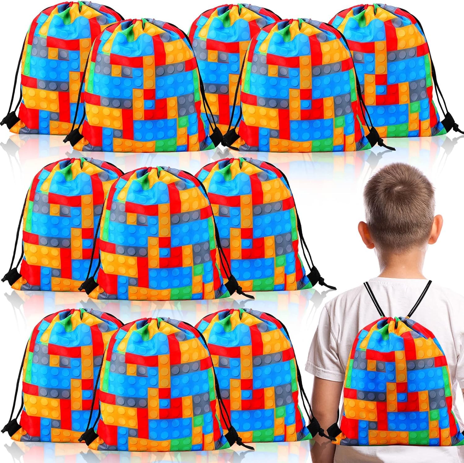 Ausurme 12 Building Block Drawstring Backpack Party Favor Bags, Gift Set for Party (12 PCS)