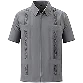 MAXJON Men's Short Sleeve Cuban Guayabera Shirts Full Zip Front Mexican Hawaiian Shirt with Pocket