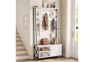Vividwood Hall Tree With Bench and Shoe Storage, Coat Rack With Shoe Storage, Wood Look，Coat Rack With Bench，Industrial Style, Large 6 Hooks, 31.5" X 15.8" X 71" White Color