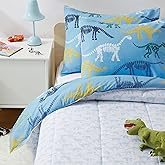 Amazon Basics Kids' 3 Piece Lightweight Cotton Shell Reversible Comforter Set with Sham, USCTP Certified Cotton Shell, Full/Queen, Dinosaurs