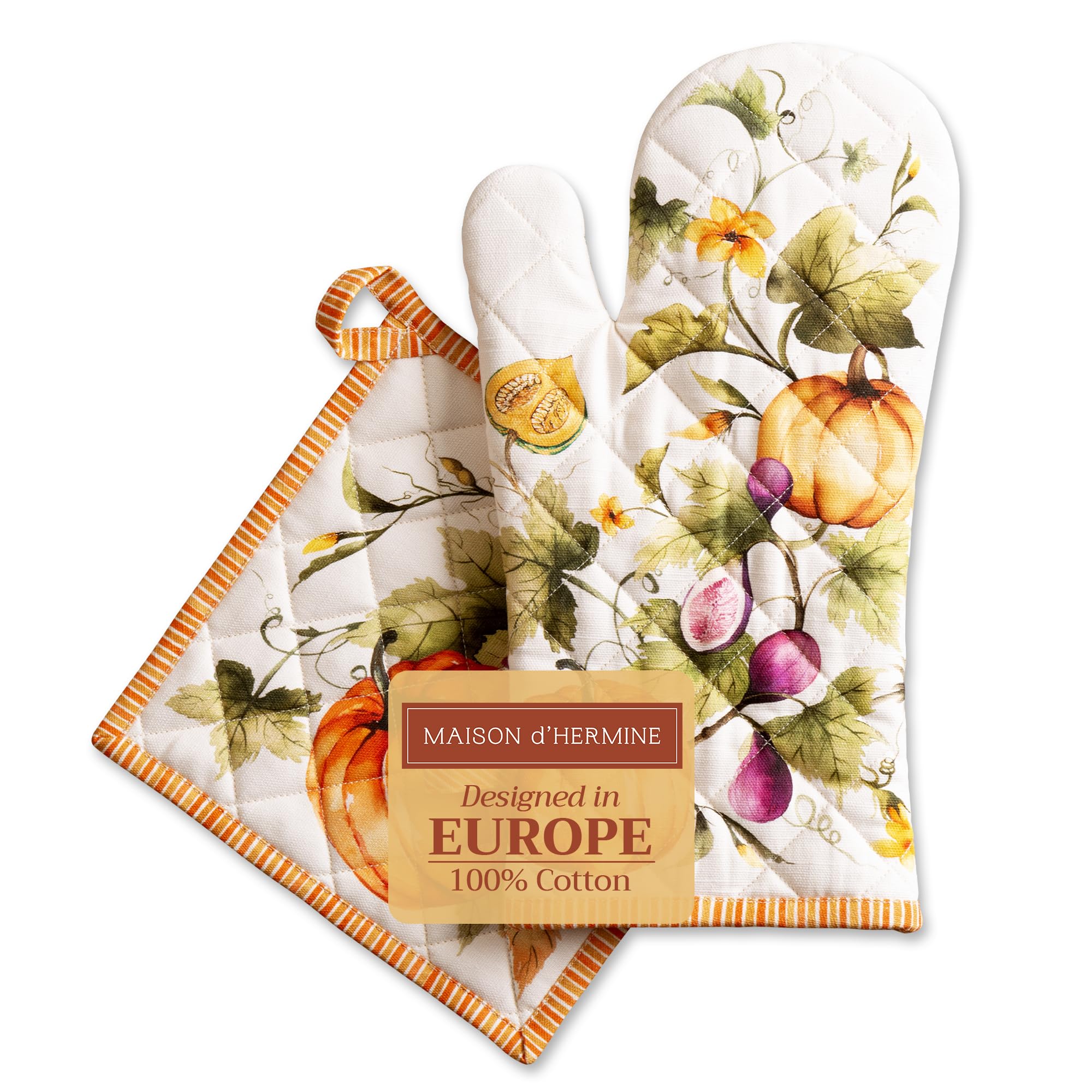 Maison d' Hermine 100% Cotton Oven Mitt & Pot Holder Set (19 x 33 cm & 20 x 20 cm) Heat Resistant BBQ Gloves with Loop for Christmas Decorations Handling Hot Pans (Pumpkin Garden - Cloudy Cream)