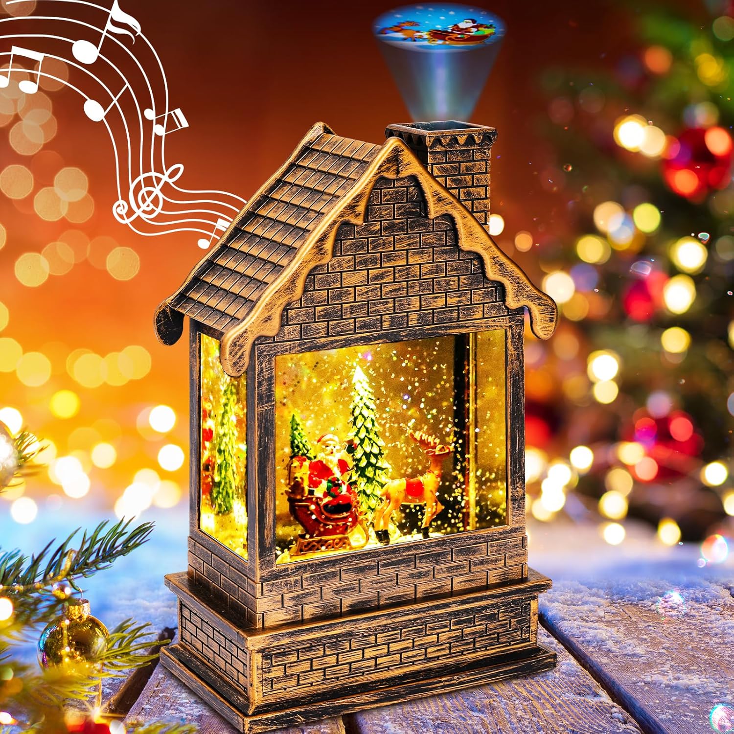 Snow Globes - Garma Lighted Christmas Snow Globes Musical Lantern with Timer, Train Water Lanterns Snowing Glittering Battery Operated, Christmas Santa Claus Musical Lighted Christmas Home Décor (House Lantern)