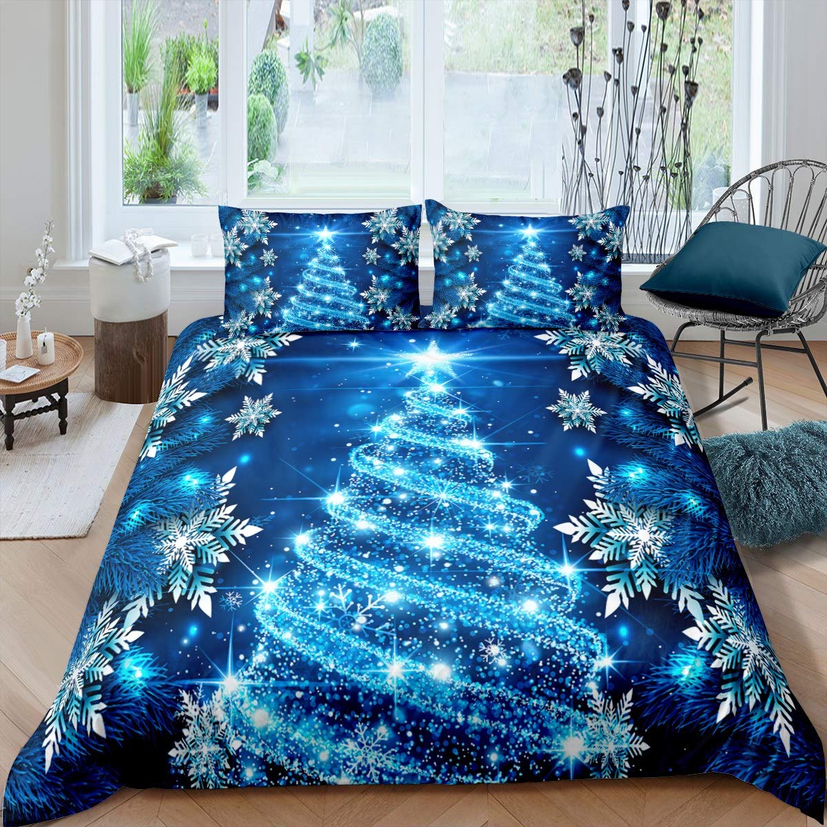 Loussiesd Girls Christmas Tree Duvet Cover Blue Xmas Theme Bedding Set Chic Winter Snowflake Comforter Cover for Girls Daughter Bedroom Decor Girly Glitter Bedspread Cover King 3Pcs — image 1