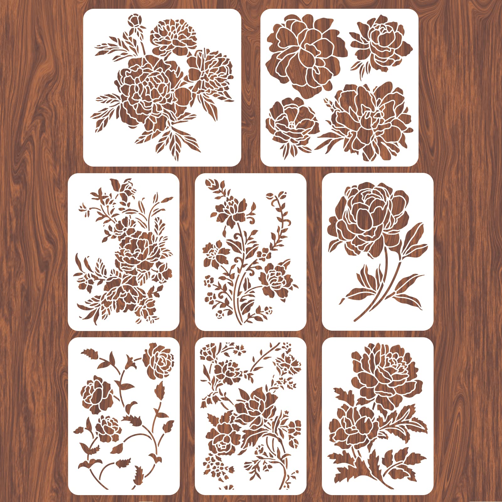 INFUNLY 8pcs Peony Wall Stencils for Painting 11.7x8.3 Tile Stencil Set Reusable Plastic Wall Stencils Template for Painting on Wood Wall Furniture Floor Tiles Fabric DIY Home Decor