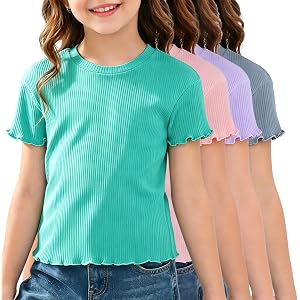 Rcuhsxi 4 Pack Toddler Girls Cotton Tees Short Sleeve Lettuce Trim 18M-6T | Ribbed Knit Crew Neck Basic Tops for Baby Girls 1