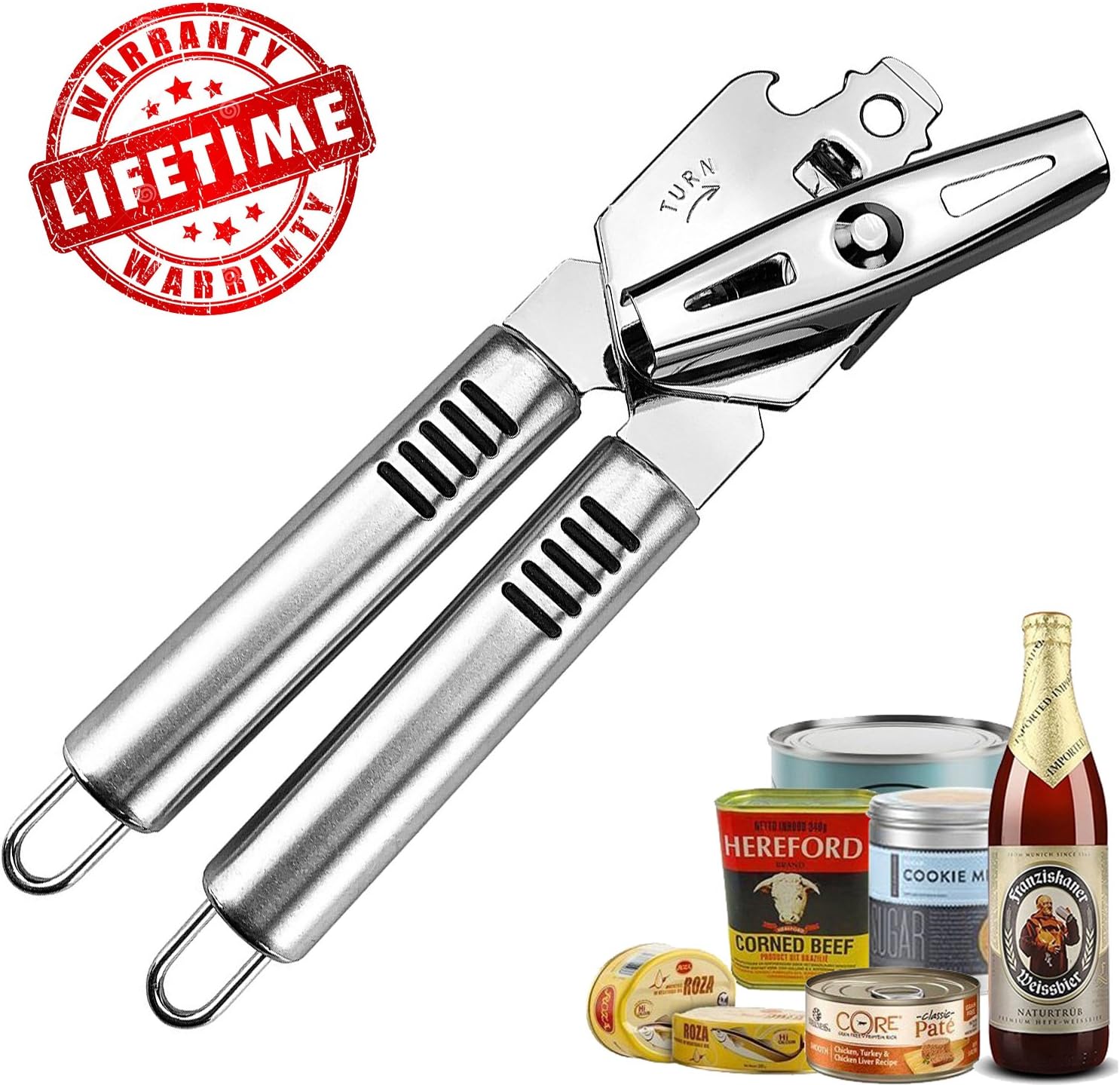 Professional Stainless Steel Can Opener Manual,Heavy Duty Can Openers,Pampered Chef Can Opener,Ergonomically Designed Handle,Hand Can Opener Dishwasher Safe.