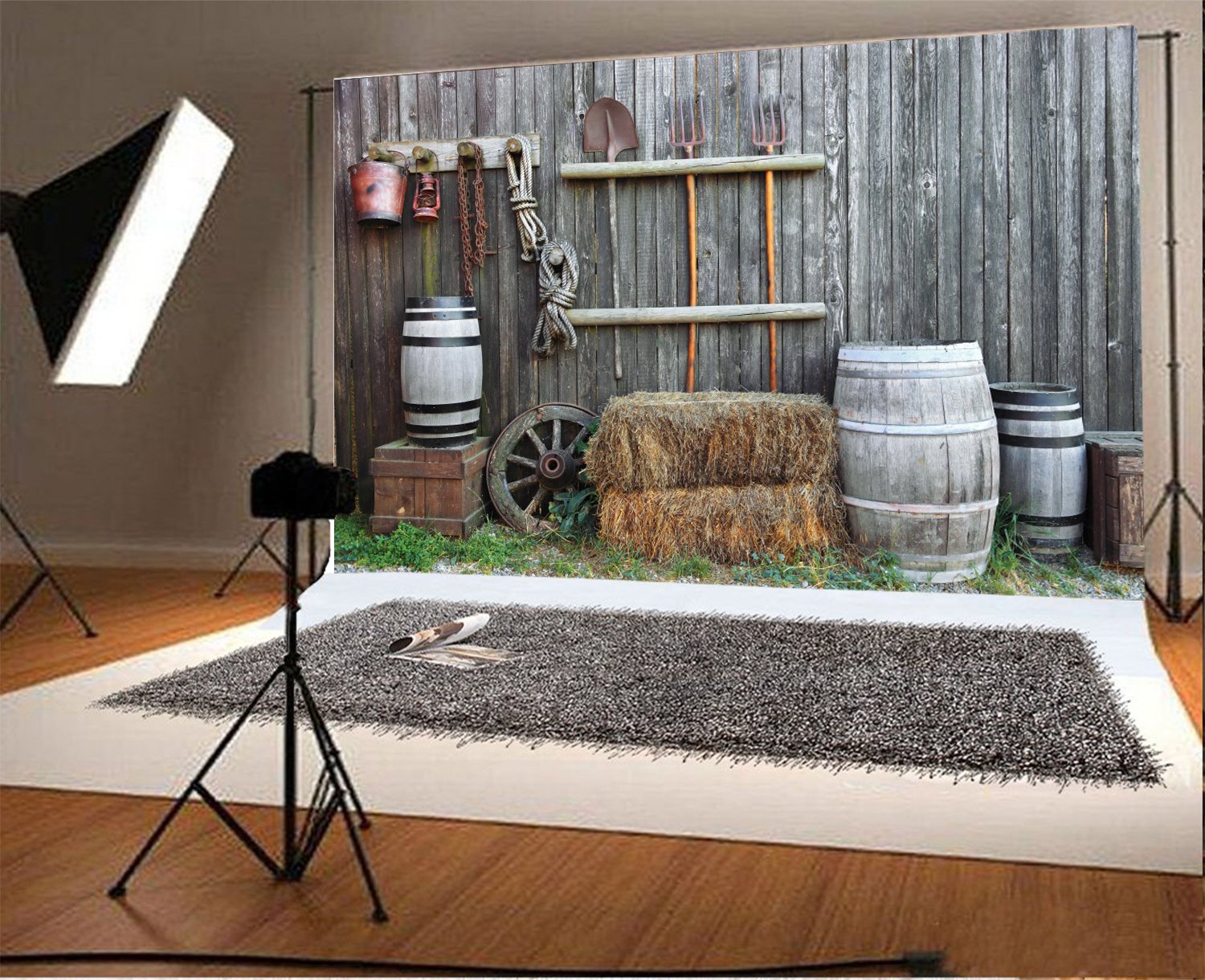 Leyiyi Western Cowboy Backdrop 8x6ft Photography Background Vintage Wood Bucket on Wooden Wall Farm Hay Stock Lantern Wheel Farmyard barn Barrel Countryside Landscape Video Props