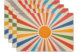 APORTT Colorful Boho Placemats Set of 4 Rustic Retro Rainbow 70s Sun Linen Washable Kitchen Dining Table Mats Stain Heat-Resistant Desktop Decor Place Mats for Home Party Indoor 12x18 in