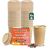 ECO SOUL 100% Compostable plant-starch 16oz hot cups compostable lids | (25 Count, 16 oz Hot Cups) | Disposable Bagasse Paper