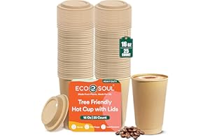ECO SOUL 100% Compostable plant-starch 16oz hot cups compostable lids | (25 Count, 16 oz Hot Cups) | Disposable Bagasse Paper