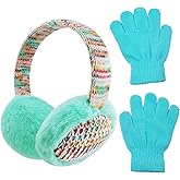 W&LESVAGO Kids Cat Ear Earmuffs with Matching Gloves, Winter Plush Ear Warmers and Sequin Headband Set for Girls