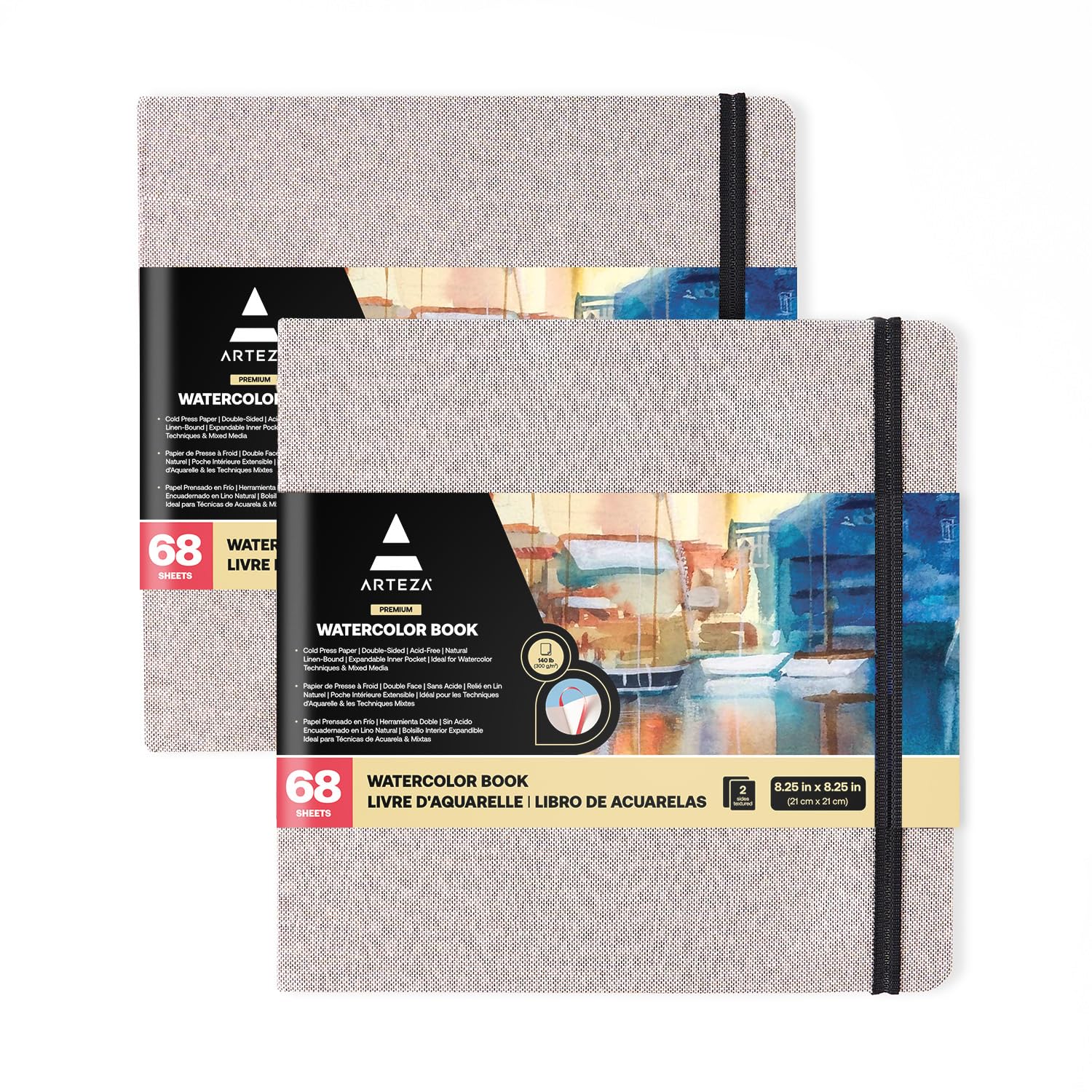 Arteza Watercolour Sketchbook 21 x 21 cm, Pack of 2, 68 Pages per Journal, 230gsm, Grey Hardcover, with Inner Pocket and Elastic Strap, Art Supplies for Watercolour Techniques and Mixed Media โ image 1