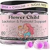 Flower Child Breastfeeding Gummies for Milk Production with Organic Moringa, Milk Thistle, Choline & DHA, Lactation Supplement Postnatal Recovery Vitamins, Fenugreek Free, Vegan, 60 Count