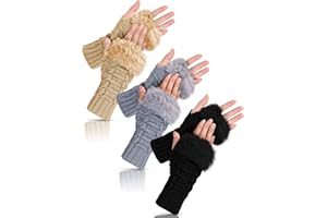 GEYOGA 3 Pairs Fingerless Winter Gloves Faux Fur Crochet Warm Middle Length Thumb Hole Fingerless Gloves Arm Warmers