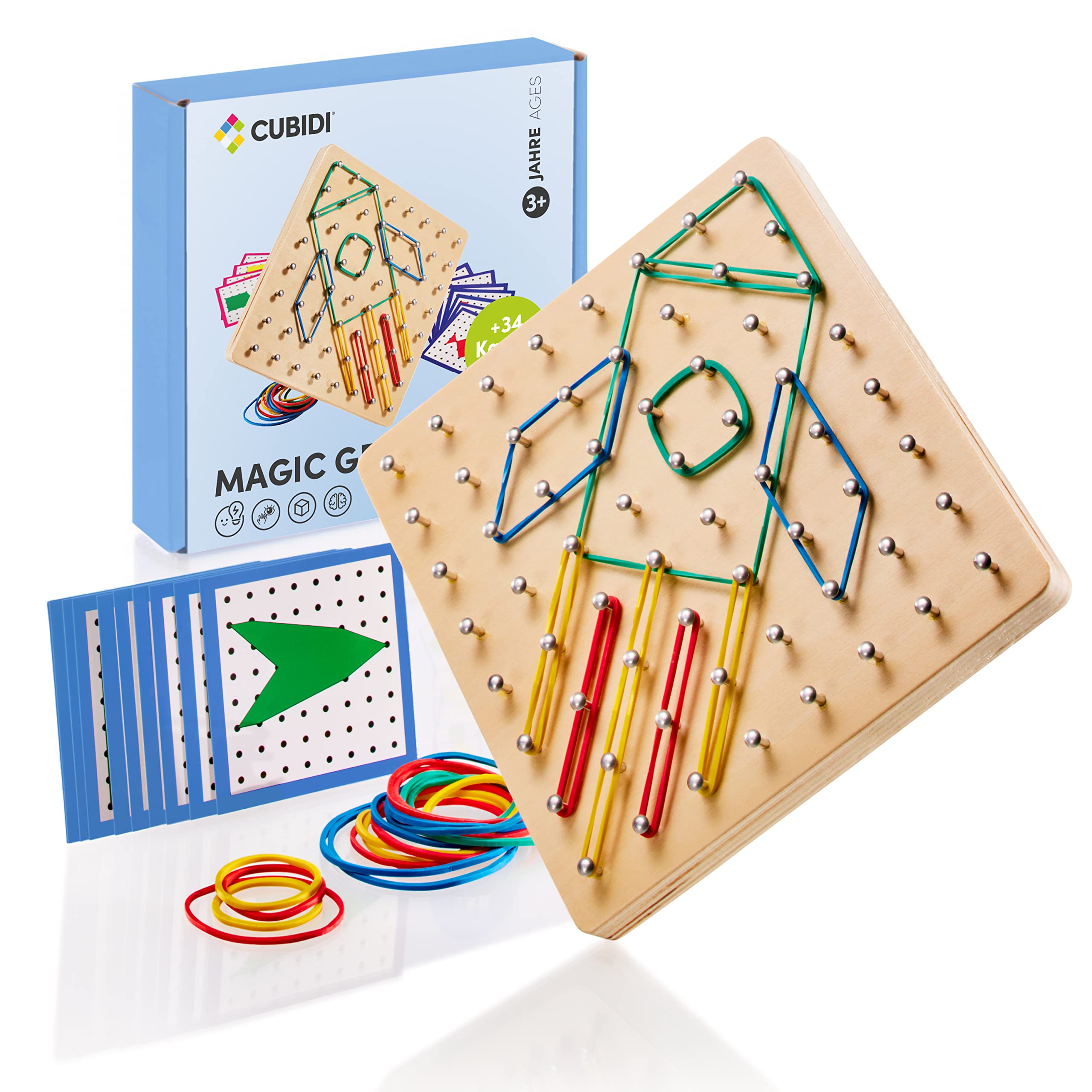 CUBIDI® Kreatives Montessori Geobrett für spannende Figuren - Feinmotorik Lernspielzeug - Geoboard ab 5 Jahre Geschenk für Jungen und Mädchen - Sequenzielle Puzzles