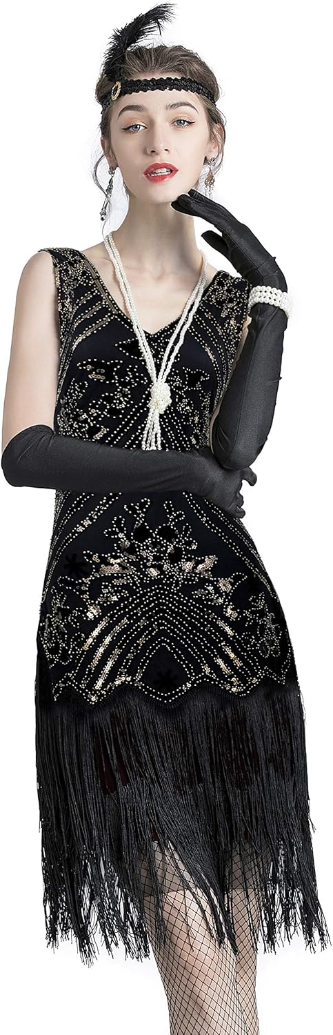Amazon.com: Women's 1920s V Neck Gatsby Bead Sequin Cocktail Dress with 20s Accessories Set 