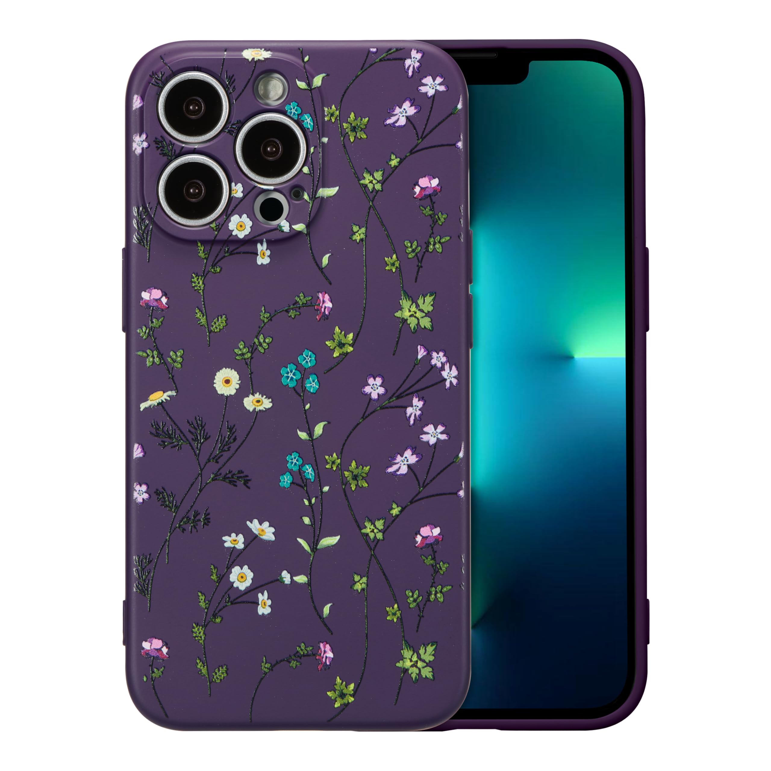 RALEAVO Flower Case for iPhone 13 Pro, Liquid Silicone Shockproof Protection Case Cover for Girls Women with Aesthetic Cute Floral Patterns Soft Slim Phone Case for iPhone 13 Pro 6.1"-Purple