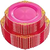 Joyido 102PCS Clear Hot Pink Plastic Plates - Pink Disposable Plate with Gold Rim - Hot Pink Party Plates Include 51PCS 7.5inch Dessert & 10.25inch Dinner Plate for Wedding Birthday Party