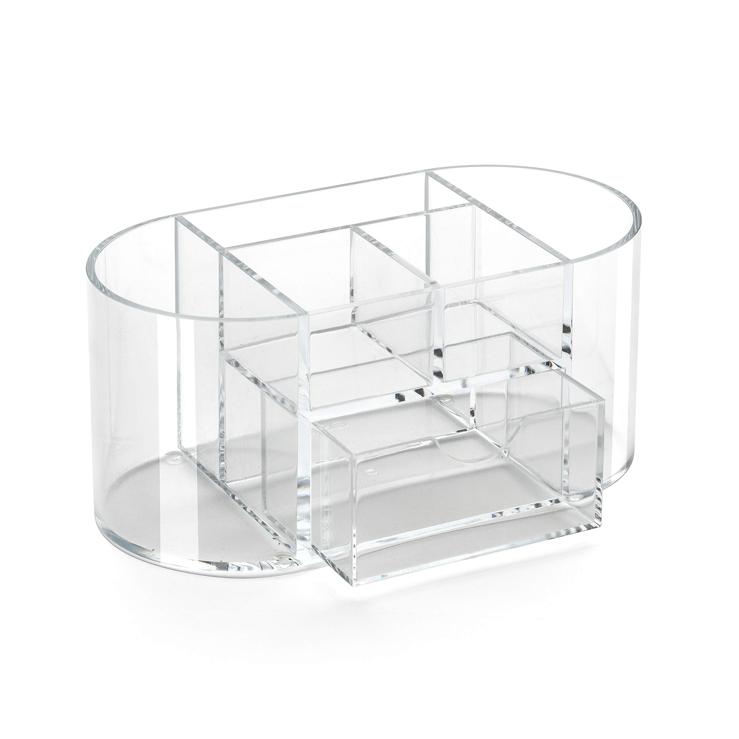 Osco Clear Acrylic Desk Organiser with Drawer, 6-Compartment Stationery Holder & Pen Pot, Desk Tidy Storage Box for Home Office, Makeup Brush & Cosmetic Organiser, H10.5 × W23 × D12 cm