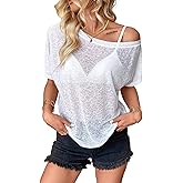 Hilinker Women's Sheer Off The Shoulder Tops See Through Sexy Short Sleeve Mesh Shirt Summer