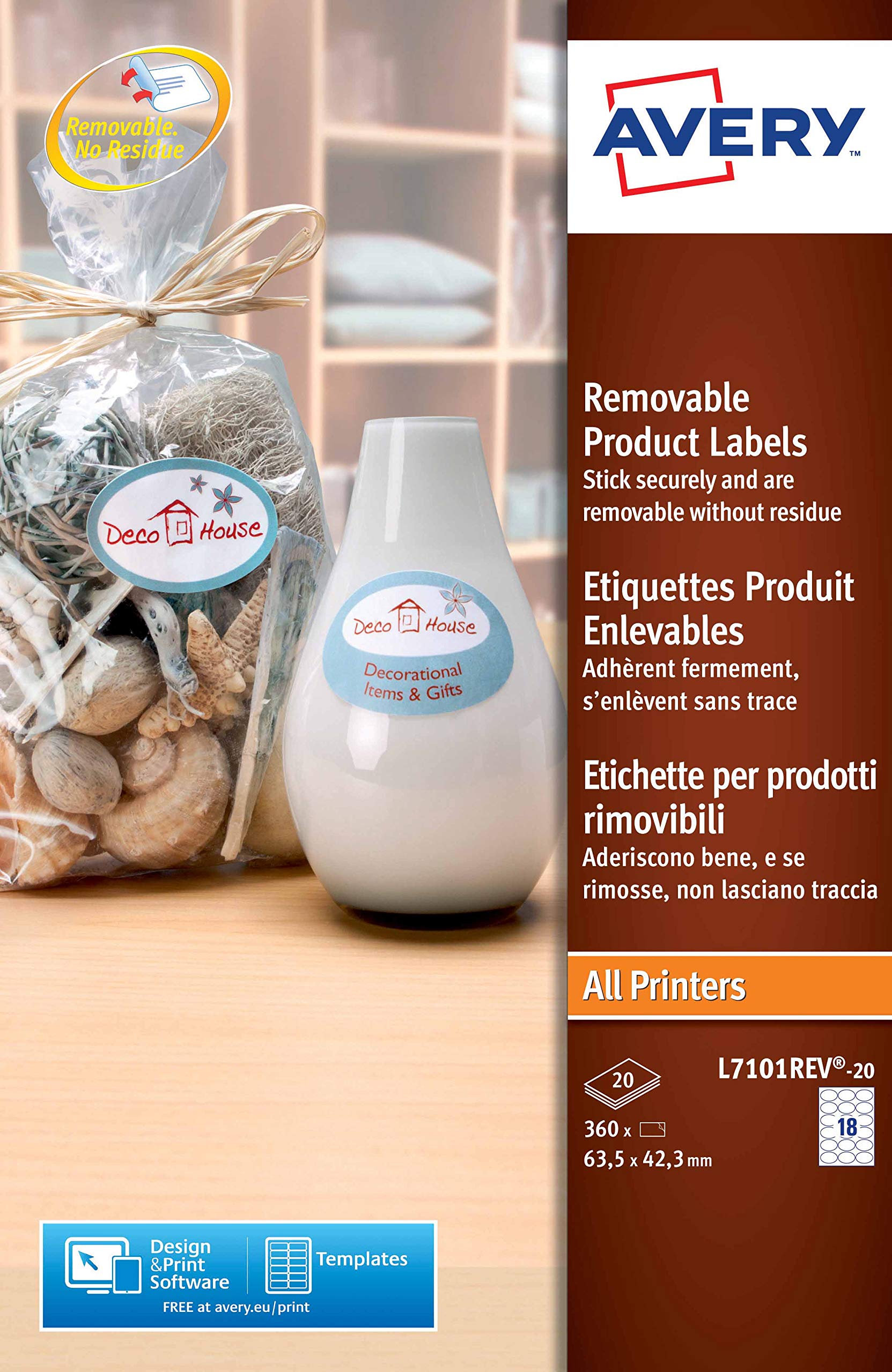 Avery L7101REV-20 Printable Removable Oval Labels, 18 Labels Per A4 Sheet, 63.5 x 42.3mm