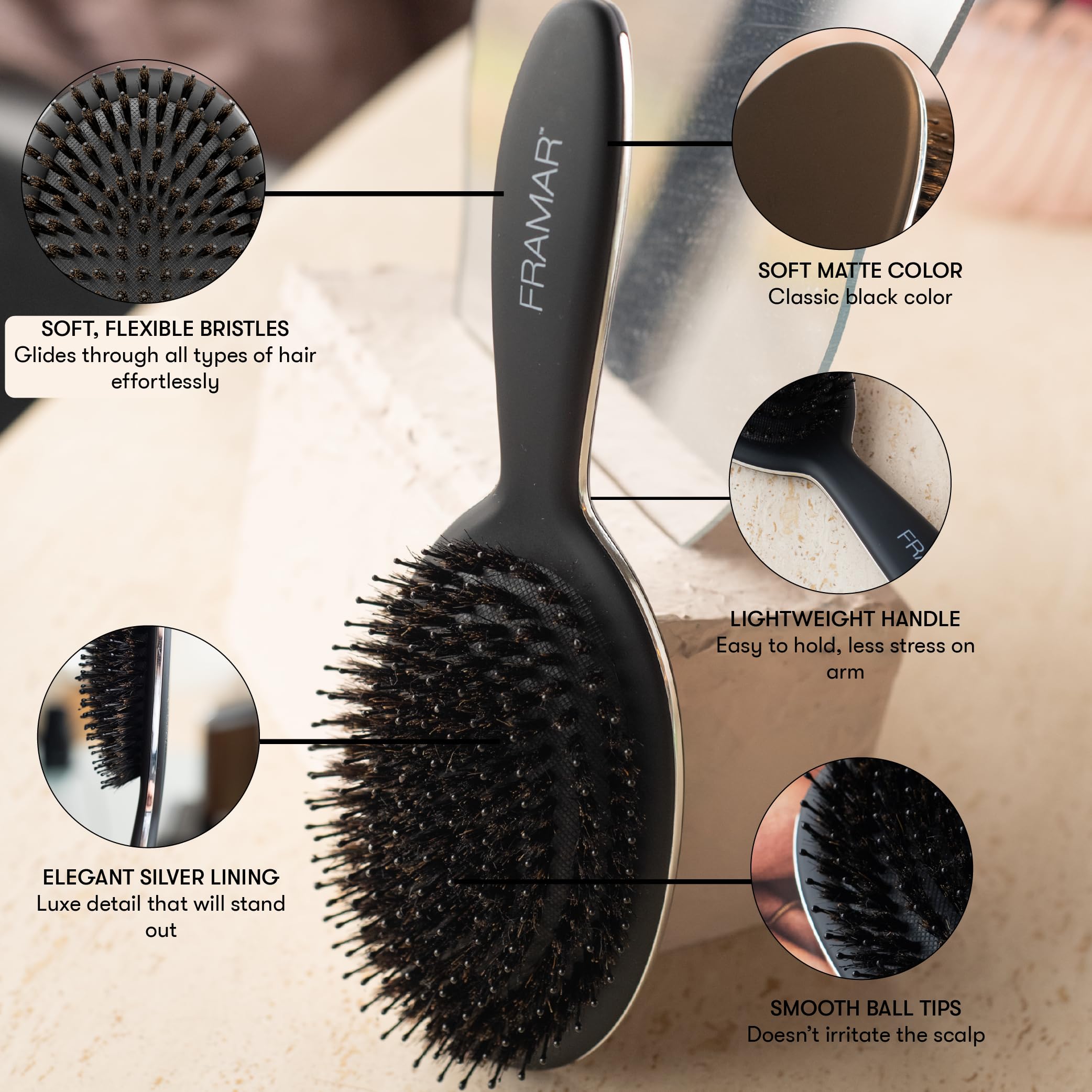 FRAMAR Soft Boar Bristle Hair Brush For Women – Boars Hair Brush For Women, Boar Brush For Fine Hair, Hairbrush For Fine Hair, Soft Bristle Brush For Slick Back, Volume and Shine - Black