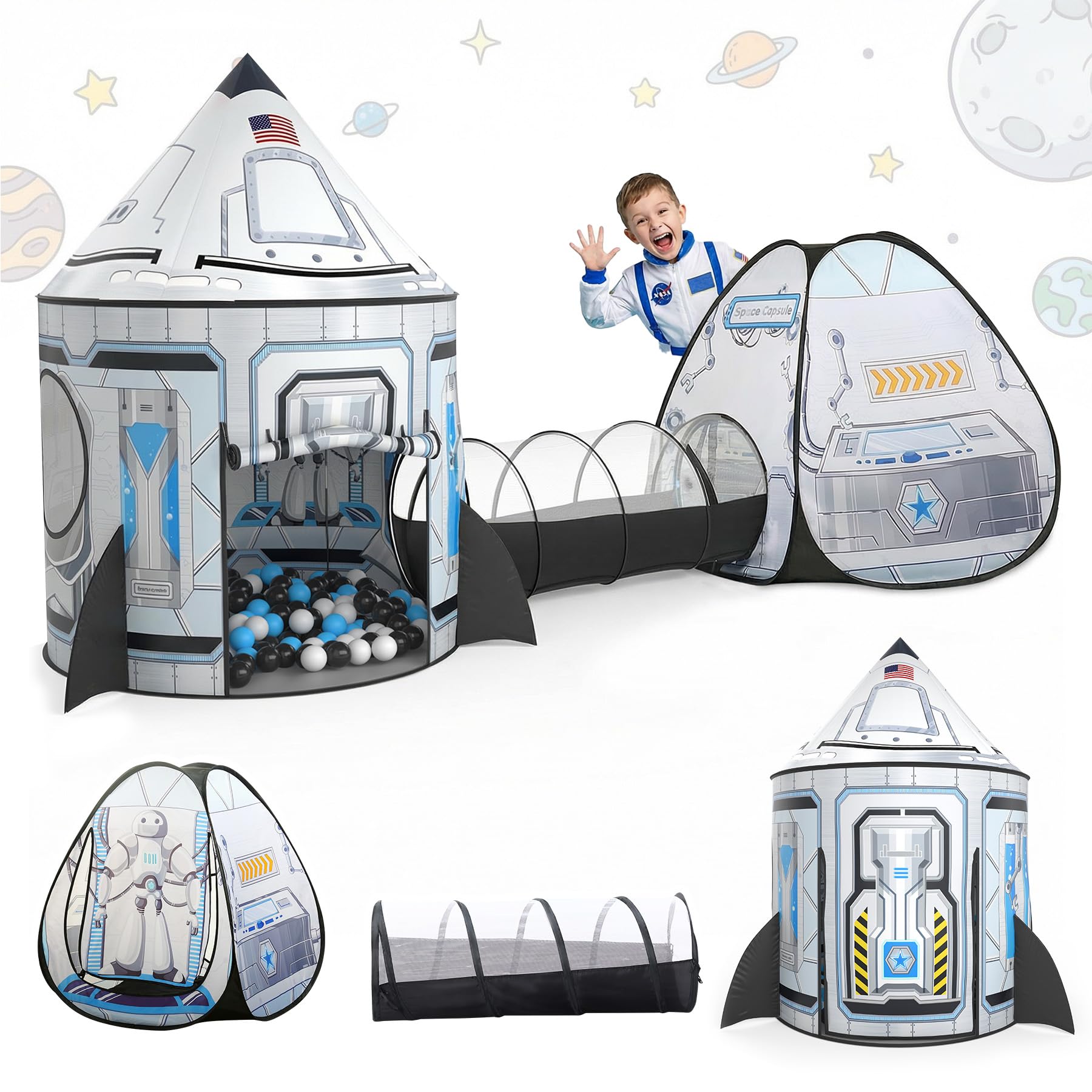SISTICKER 3-in-1 Kids Play Tents Indoor with Tunnel: Baby Space Station Tunnel to Crawl Through with Storage Bag - Infants Toddler Playhouse Birthday Gifts for Children(Balls Not Included)
