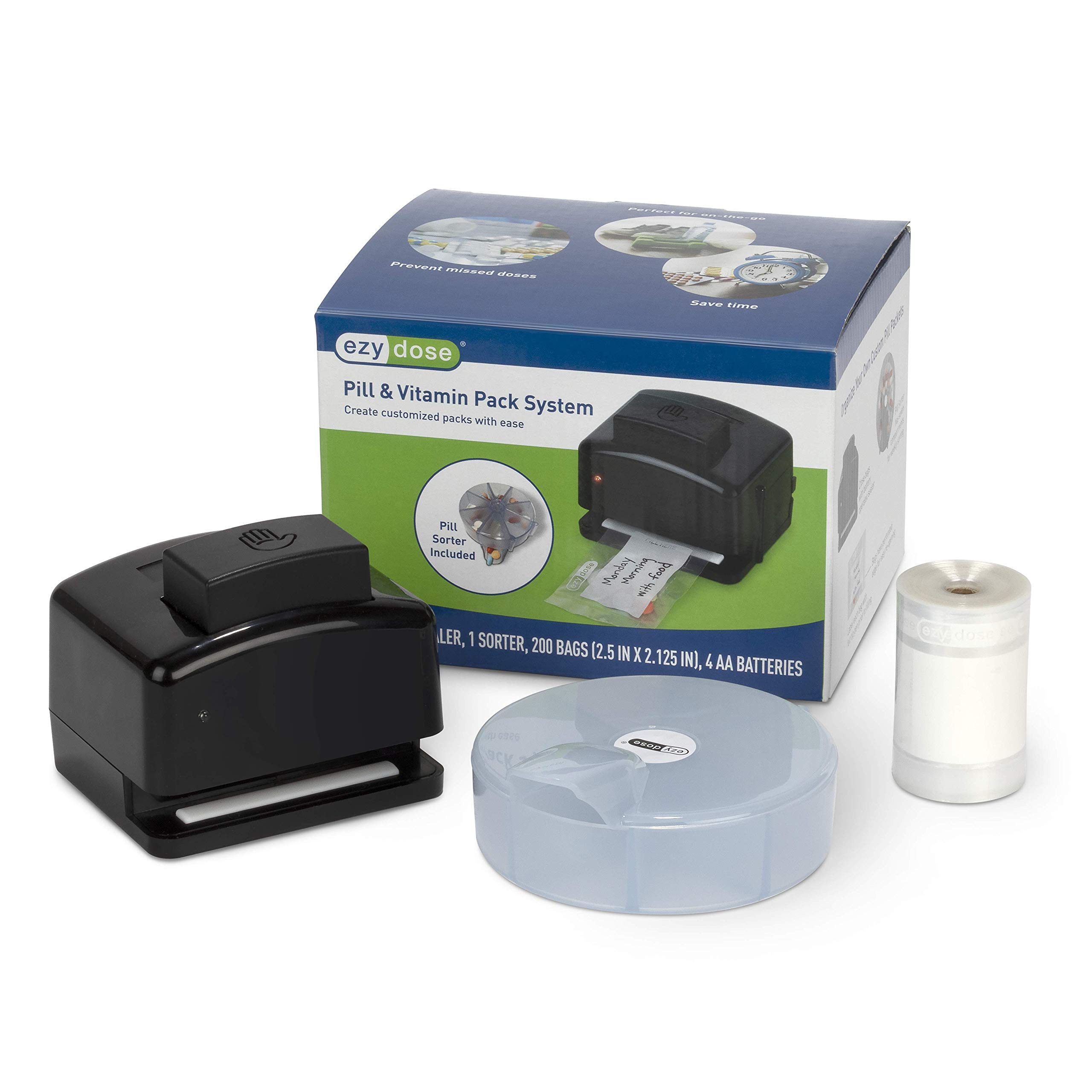 Ezy Dose Pill, Medicine, Vitamin Pack System | Weekly Pill and Medicine Organizer with Sorter, Sealer, Batteries & 200 Easy-Tear Pill Pouches