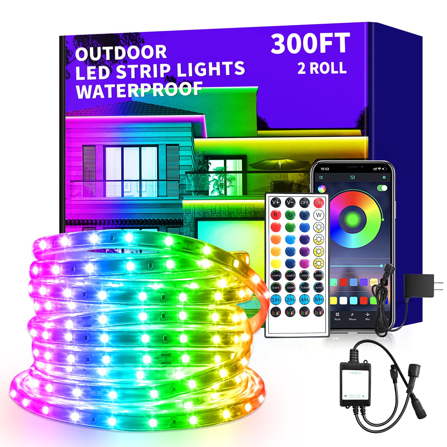 Photo 1 of ***MISSING PARTS***
vimeepro 300ft Outdoor LED Strip Lights Waterproof,Music Sync Led Strip Lights with App&Remote Controled,Color Changing RGB Exterior LED Rope Lights Waterproof for Balcony,Pool?2 Rolls of 150ft ?