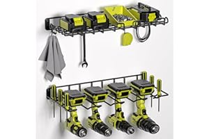 Amoowis Power Tool Organizer, Drill Holder Max 50lb load & Assembly-free by Heavy Duty Metal, 4 Slots 2 Shelves for Cordless Drill Organizer in Garage/Workshop/Pegboard/Shed Suitable for Father's Day