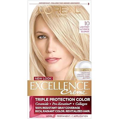 L'Oreal Paris Excellence Creme Permanent Hair Color, 10 Lightest Ultimate Blonde, Pack of 1 100% Gray Coverage Hair Dye