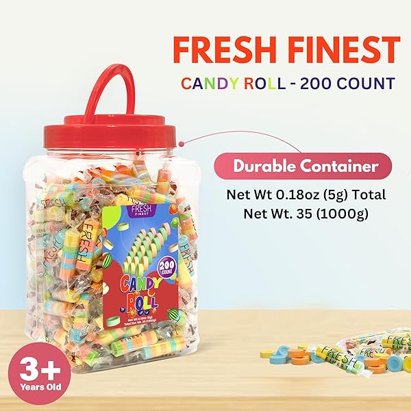 FRESH FINEST CANDY ROLLS – INDIVIDUALLY WRAPPED HARD CANDY ASSORTED ORIGINAL FLAVORS BEST FOR CLASSROOM EXCHANGE, OFFICE BOWLS, AND VALENTINE’S KIDS GIFT – 200 PACK, BULK
