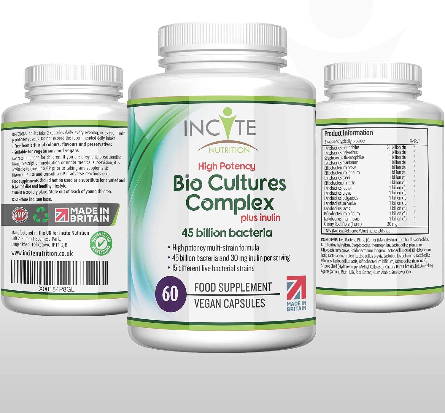 Incite Nutrition Bio Cultures Complex 45 Billion CFU. 1 Month Supply of Prebiotics and Probiotics. 15 Bacterial Strains + Inulin for Digestive Support and Gut Health. Suitable for Vegetarians & Vegans - Image 4