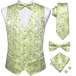 Hi-Tie Men's Green Suit Vest Bowetie Set 5PCS