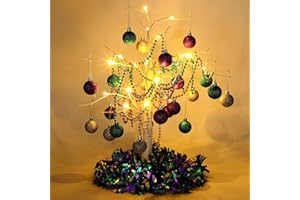 Capoda 32 Pcs Mardi Gras Party Lighted Birch Tree Masquerade Mardi Gras LED Light Table Decor with Beads Necklaces Bulk Ball Ornaments for Carnival Party Themed Home Decor
